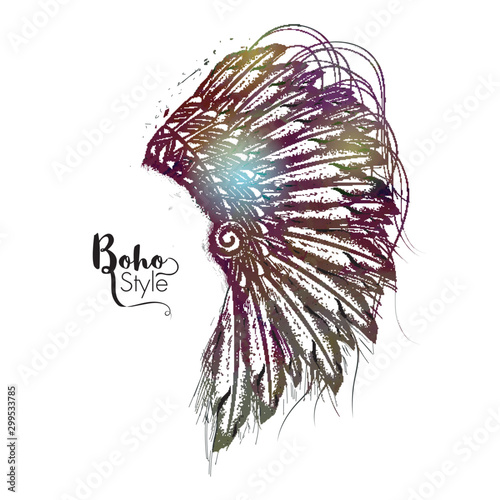 Hand drawn War Bonnet with feather, Boho style.