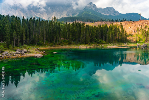 Fototapeta Naklejka Na Ścianę i Meble -  Scenic landscape view of Lake Carezza, South Tyrol