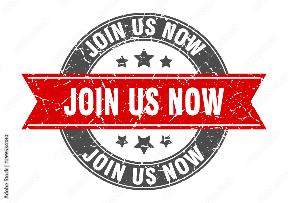 Fototapeta premium join us now round stamp with red ribbon. join us now