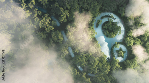 Eco travelling concept. 3d rendering of dense misty amazonian rainforest with map point sign in a shape of pond.