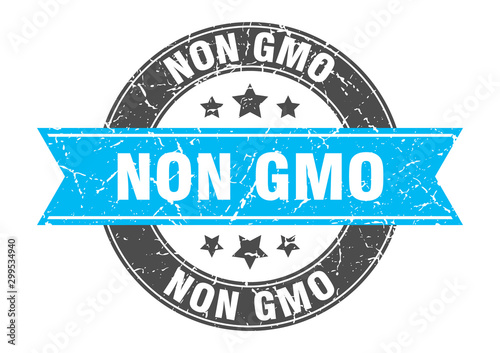 non gmo round stamp with turquoise ribbon. non gmo