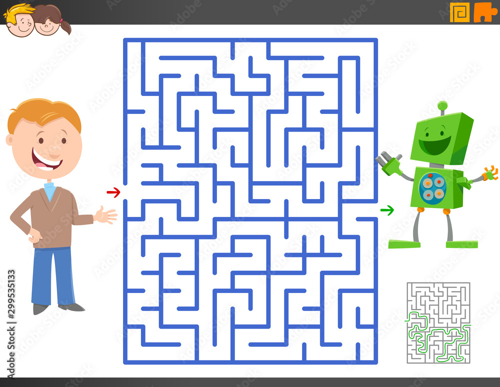 maze game with cartoon boy and funny toy robot maze game with cartoon boy and funny toy robot