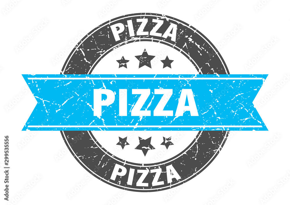 Fototapeta premium pizza round stamp with turquoise ribbon. pizza