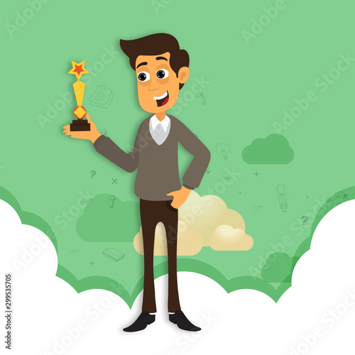 Character of successful businessman with award.