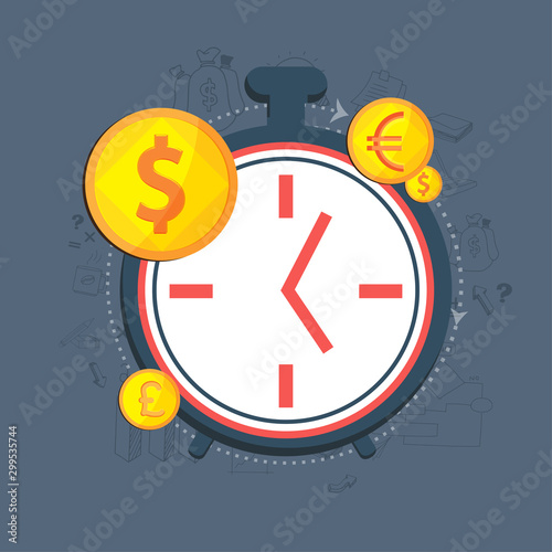 Clock with golden coins for Time is Money concept.
