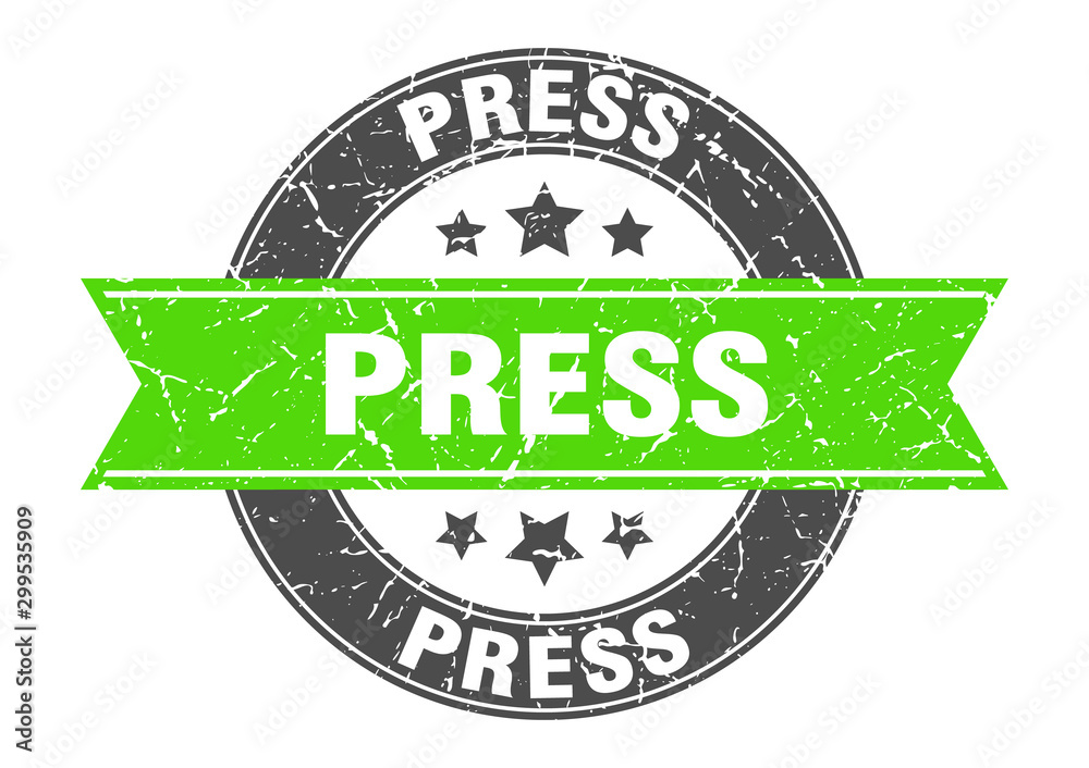 Fototapeta premium press round stamp with green ribbon. press