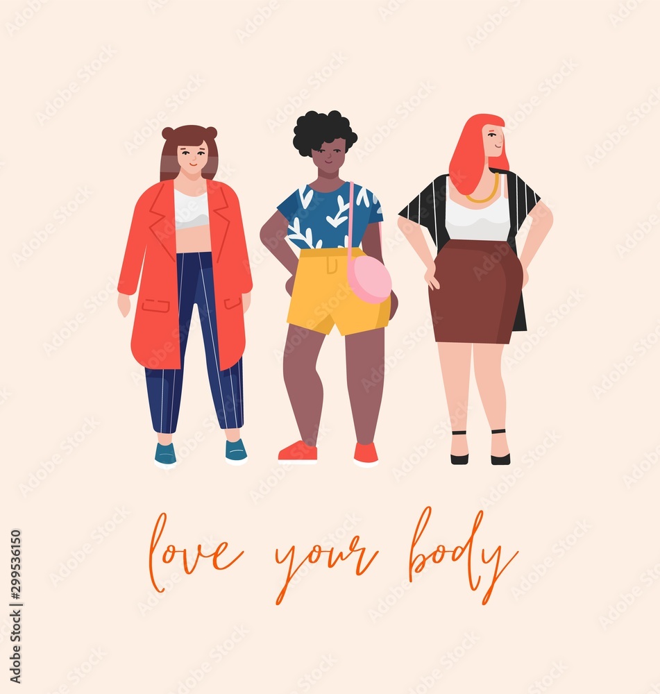 Love your body flat illustration. Plus size female models cartoon characters.  Multiracial curvy women. Body positive, feminism, self-acceptance, natural  beauty. Ladies bodypositive lifestyle concept. vector de Stock | Adobe Stock