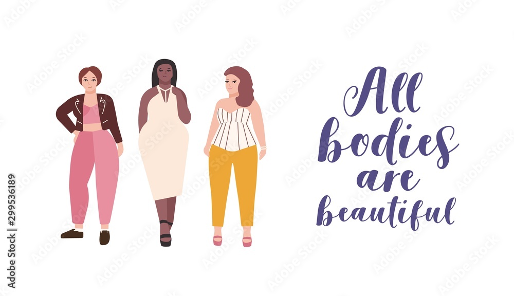 All bodies are beautiful flat illustration. Plus size models cartoon  characters. Body positive, feminism, self-acceptance concept. Lady natural  beauty. Self-confident women lifestyle. Stock Vector | Adobe Stock