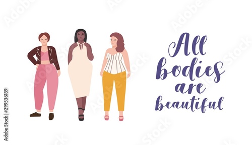 All bodies are beautiful flat illustration. Plus size models cartoon characters. Body positive, feminism, self-acceptance concept. Lady natural beauty. Self-confident women lifestyle.