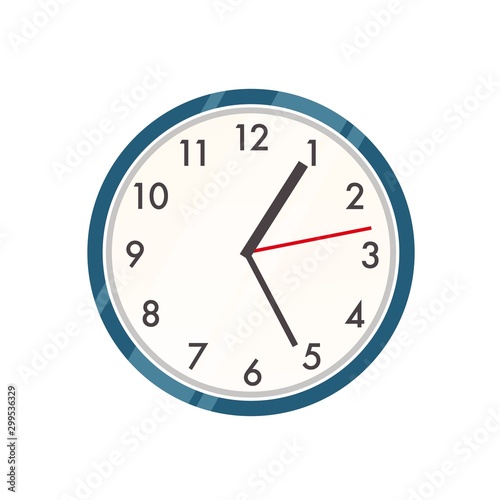 Wall clock vector illustration. Contemporary timepiece, interior decor item. Modern plastic watch color flat design element. Simple clock, circular time counter isolated on white background.