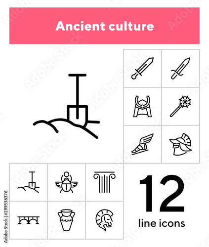 Ancient culture line icon set. Sword, spade, armor. History concept. Can be used for topics like war, medieval, myth photo