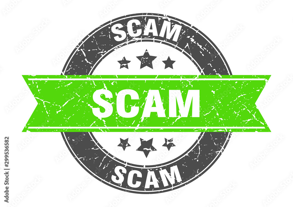Obraz premium scam round stamp with green ribbon. scam