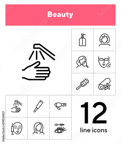 Beauty icons. Set of line icons on white background. Electric fan, perfume, meso therapy. Cosmetology concept. Vector illustration can be used for topics like cosmetics, beauty salon