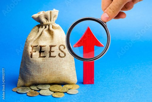 Money bag with the word Fees and up arrow. Duty increase concept. Trade wars. Import and export quotas. High taxation. Free trading zone. Business and Finance photo