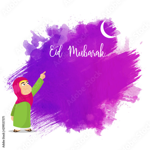 Happy muslim kid pointing towards moon, Blessed fetival Eid mubarak concept.