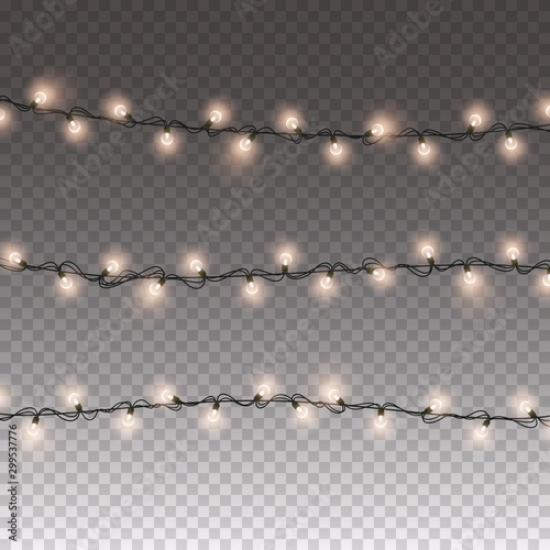 Lights bulbs isolated on transparent background. Glowing yellow Christmas garlands string. Vector New Year party decorations.