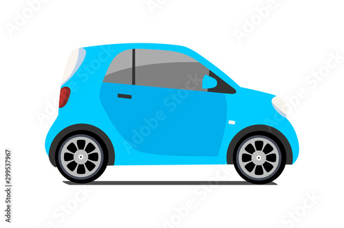 Car sharing logo, vector city micro blue car. Eco vehicle cartoon icon isolated on white background. Cartoon vector illustration with urban ecological transport. Cute vector smart car illustration.