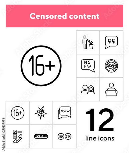 Censored content line icon set. Stamp, adult content, man throwing paper. Control concept. Can be used for topics like safety, censorship, parental control, virus