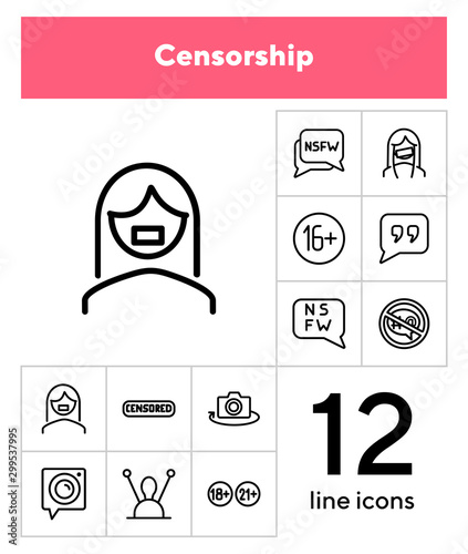 Censorship line icon set. Set of line icons on white background. TV requirement concept. Camera, antenna, stamp. Vector illustration can be used for topics like cinema, TV, radio, social media