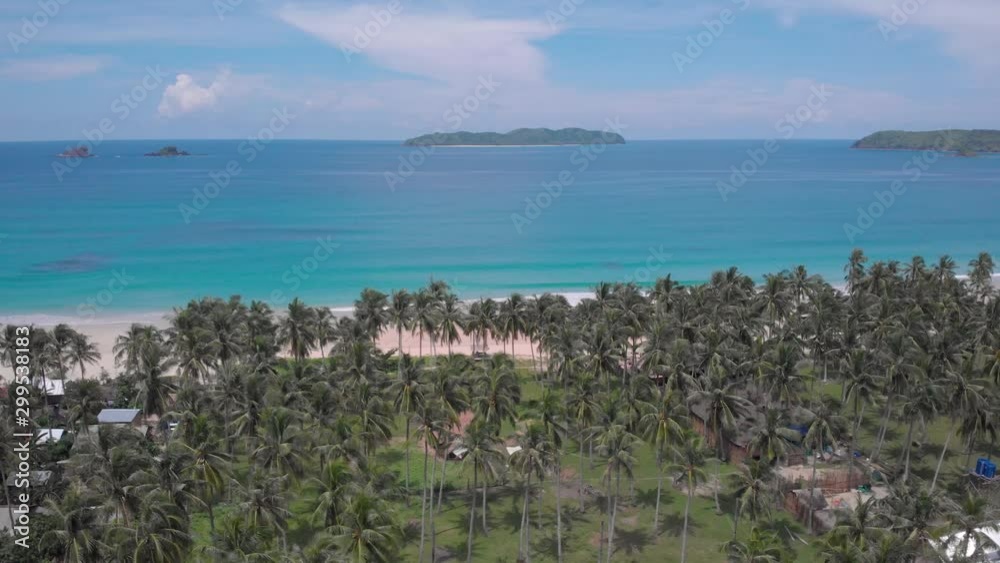Nacpan Beach with green palm trees and the blue ocean in El Nido, aerial shot in Palawan, Philippines Nacpan Beach with green palm trees and the blue ocean in El Nido, aerial shot in Palawan, Philippines