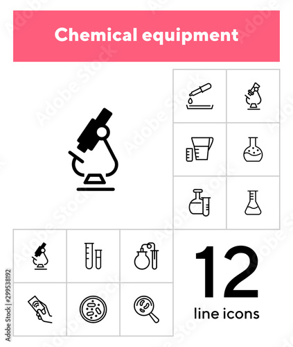 Chemical equipment line icon set. Set of line icons on white background. Molecule, structure, atom, flask. Science concept. Vector illustration can be used for topics like experiment, laboratory