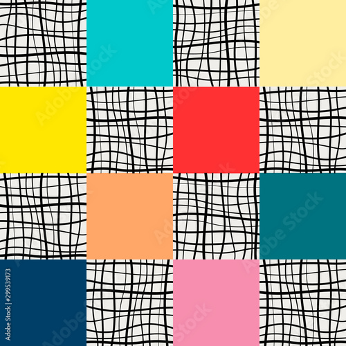 Geometric print with squares of different colors and a pattern of grid lines. Geometric pattern vector background in scandinavian design. Abstract background for fabric, interior, wallpaper, paper.
