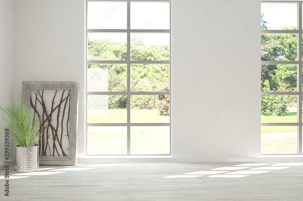 Stylish empty room in white color with summer landscape in window. Scandinavian interior design. 3D illustration Stylish empty room in white color with summer landscape in window. Scandinavian interior design. 3D illustration