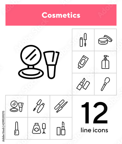 Cosmetics icon. Set of line icons on white background. Lipstick, powder, mascara. Makeup concept. Vector illustration can be used for topics like beauty product, beauty salon, service