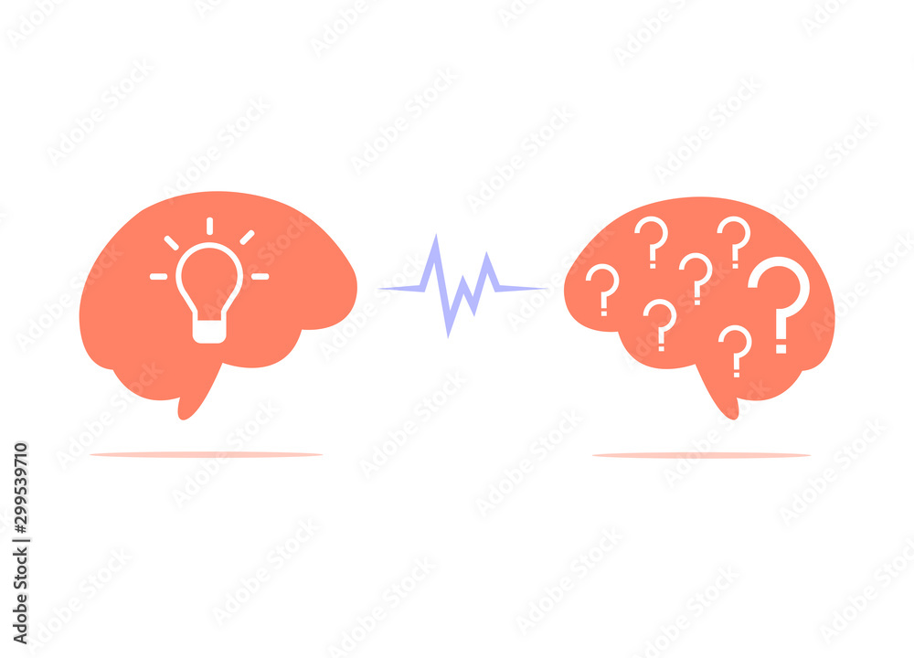 The brain with the lamp inside is facing the brain with a question mark inside isolated on white background. The brain with the lamp inside is facing the brain with a question mark inside isolated on white background.