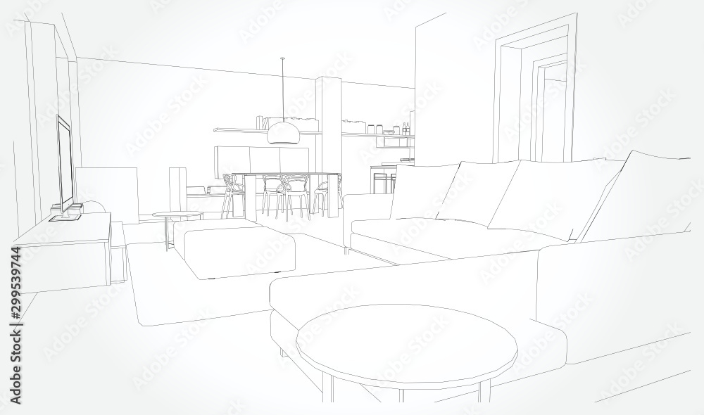 Linear sketch of an interior. Sketch Line living room . Vector illustration.outline sketch drawing perspective of a interior space Linear sketch of an interior. Sketch Line living room . Vector illustration.outline sketch drawing perspective of a interior space