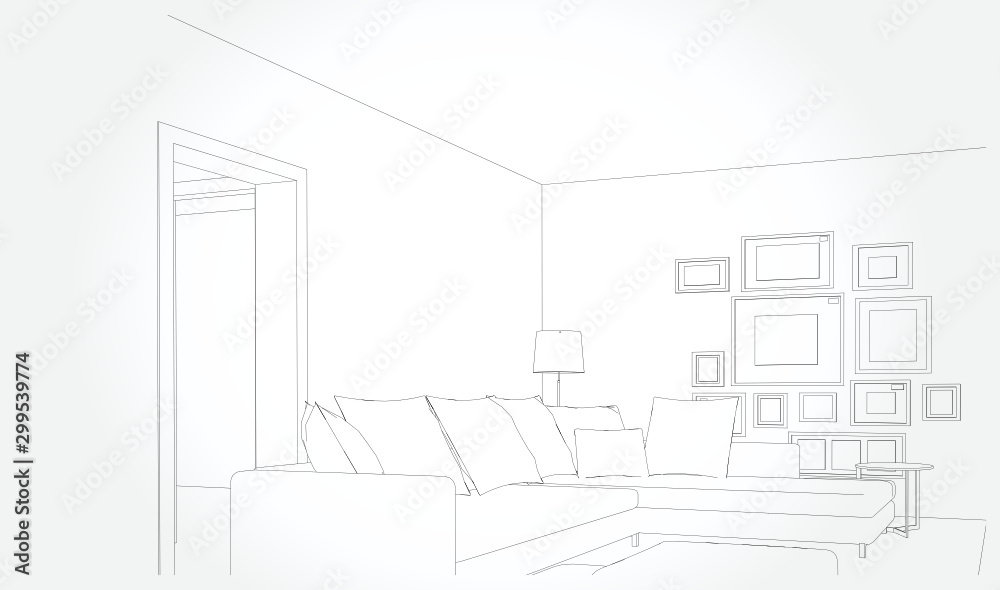 Linear sketch of an interior. Sketch Line living room . Vector illustration.outline sketch drawing perspective of a interior space Linear sketch of an interior. Sketch Line living room . Vector illustration.outline sketch drawing perspective of a interior space