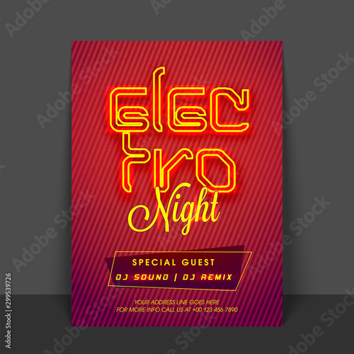 Electro Music Party celebration, one page Flyer, Banner or Template with date and time details.