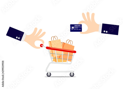 Hand holding a credit card with shopping cart isolated on white background.