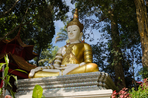 Sitting buddha statue with right hand palm down with fingers facing the earth and the left hand facing folded in the lap facing the palm upwards