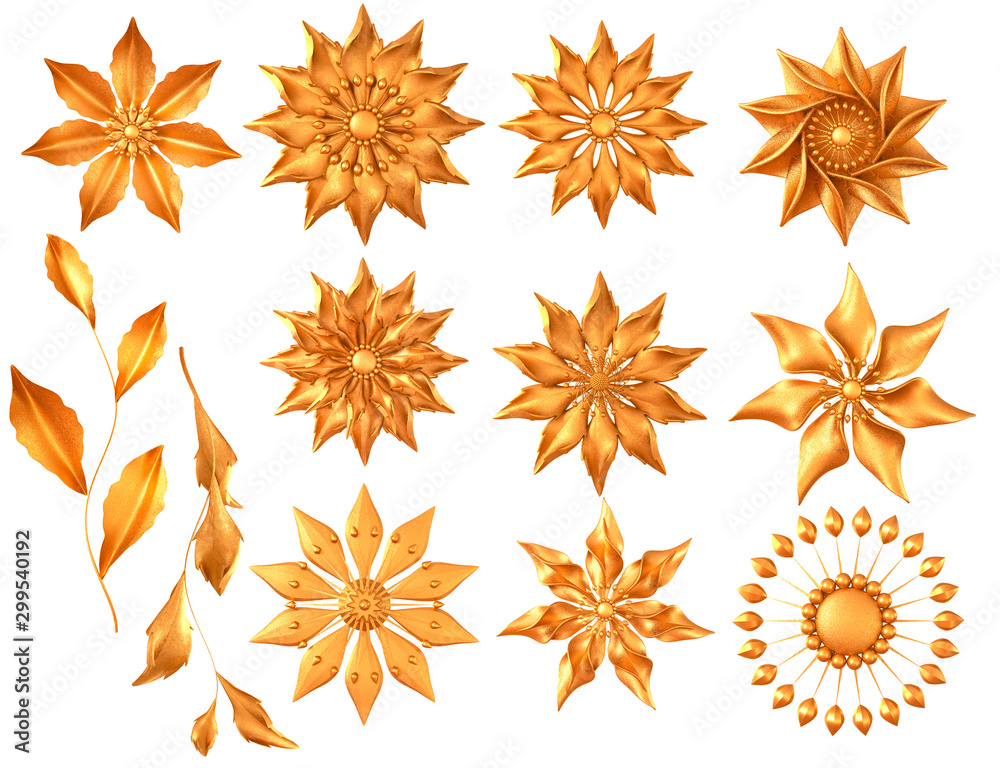 Set. Golden stylish flowers, branches with leaves, decoration, paisley element, 3D rendering, isolated on a white background. Set. Golden stylish flowers, branches with leaves, decoration, paisley element, 3D rendering, isolated on a white background.