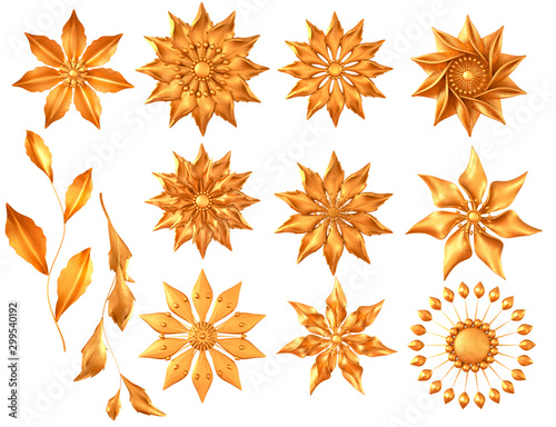 Set. Golden stylish flowers, branches with leaves, decoration, paisley element, 3D rendering, isolated on a white background.