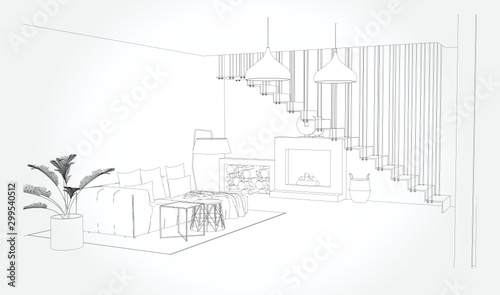 Linear sketch of an interior. Sketch Line living room . Vector illustration.outline sketch drawing perspective of a interior space