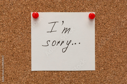 Apologize, I am sorry inscription text written on white paper pined on cork board.