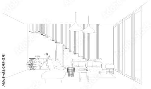 Linear sketch of an interior. Sketch Line living room . Vector illustration.outline sketch drawing perspective of a interior space
