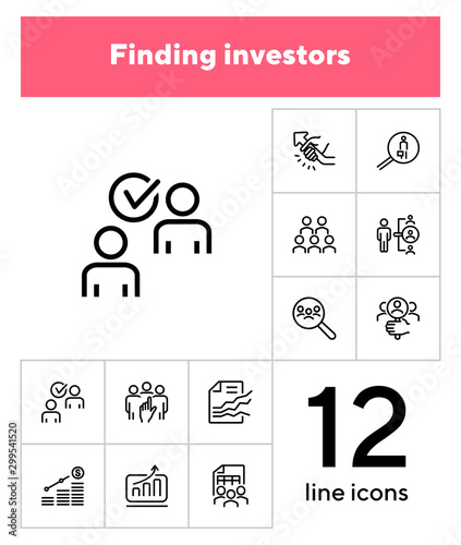 Finding investors line icon set. Magnifier glass, businessman with briefcase, search. Business concept. Can be used for topics like startup, investment, planning, analysis
