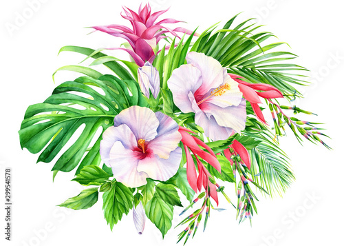 bouquet of Tropical leaves palm, monstera, hibiscus flowers, bromelia, on an isolated white background, watercolor painting, hand drawing Exotic tropic floral