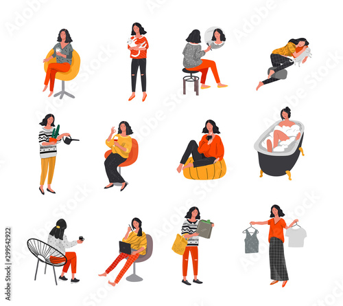 Set of beautiful girl in daily life scenes. Young woman shopping, makes up, sleeping, relaxes, takes bath, chooses clothes, playing with cat, working, watering flower. Flat cartoon vector