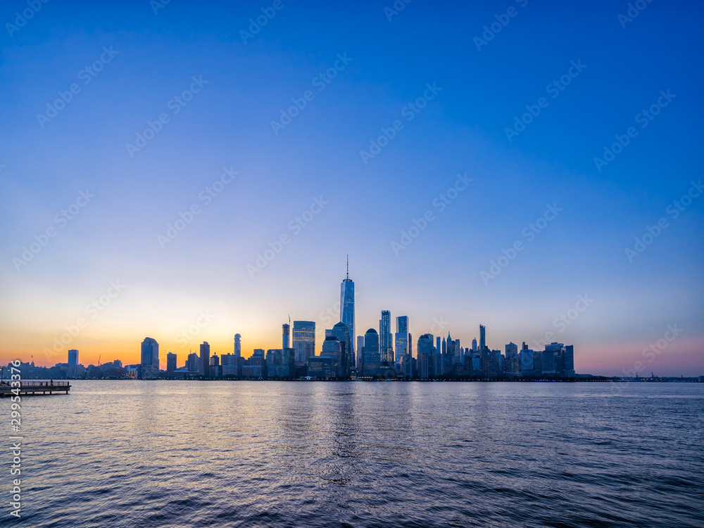 Manhattan skyline at dawn, view from New Jersey