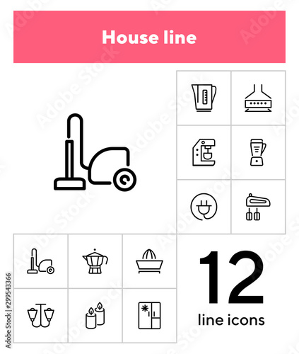 Household technics icons. Set of line icons on white background. Tea pot, mixer, fridge. Home concept. Vector illustration can be used for topics like progress, device, gadget
