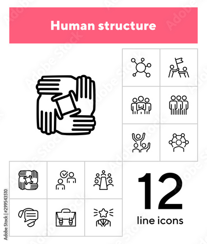Human structure. Set of line icons on white background. Atom, union, idea. Social concept. Vector illustration can be used for topics like science, business, career