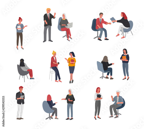 Set of workers communicate or talk with a client or talk between teamwork or meeting, brainstorm. Successful business of young trendy people. Vector cartoon concept