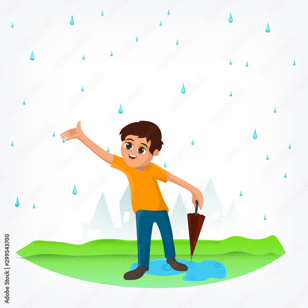 Little boy with umbrella for Rainy Day concept.