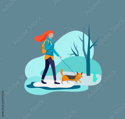 Various stylish people character go on street under umbrellas in warm clothes. Autumn rainy weather. Colored trendy cartoon