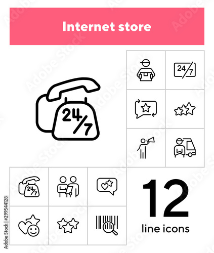 Internet store line icon set. Bar code, courier, like. Online shopping concept. Can be used for topics like customer feedback, delivery, rating