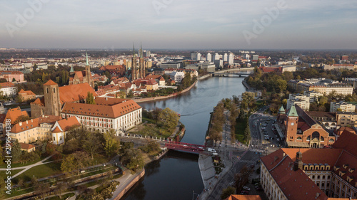 Aerial view of Wroclaw on a sunny misty autumn morning